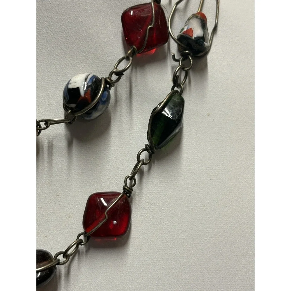 Necklace Multicolor Colorful Stone Glass beads‎ silver tone 36 inches